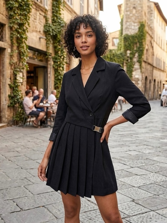 Dresses & Skirts - GUYUE Black Asymmetrical Pleated Blazer Dress